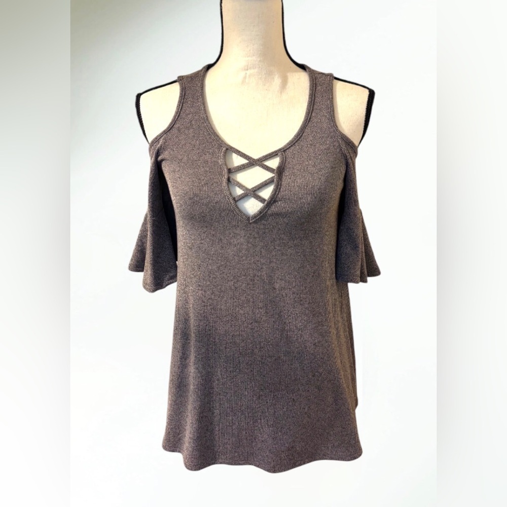 Design Lab Lord & Taylor Taupe Cold Shoulder-Crisscross design front Size SP EUC